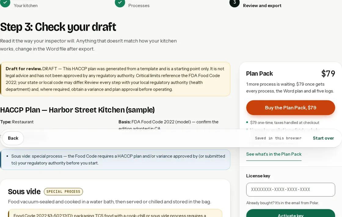 The plan builder's step 3 showing a sous vide HACCP plan preview with the CCP summary table